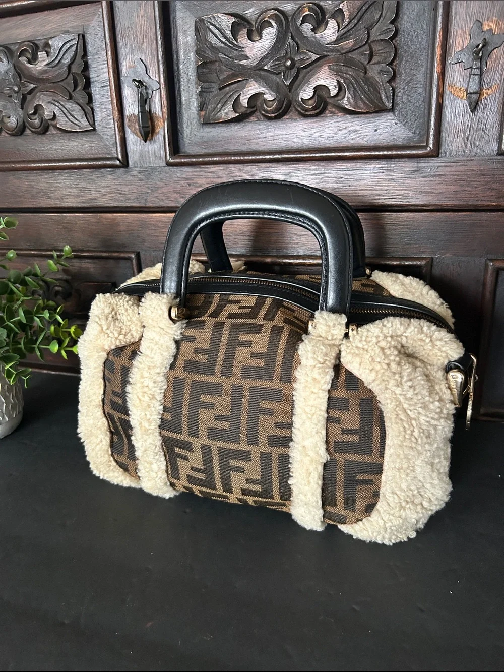 Brown Monogram Satchel with Cream Shearling Trim